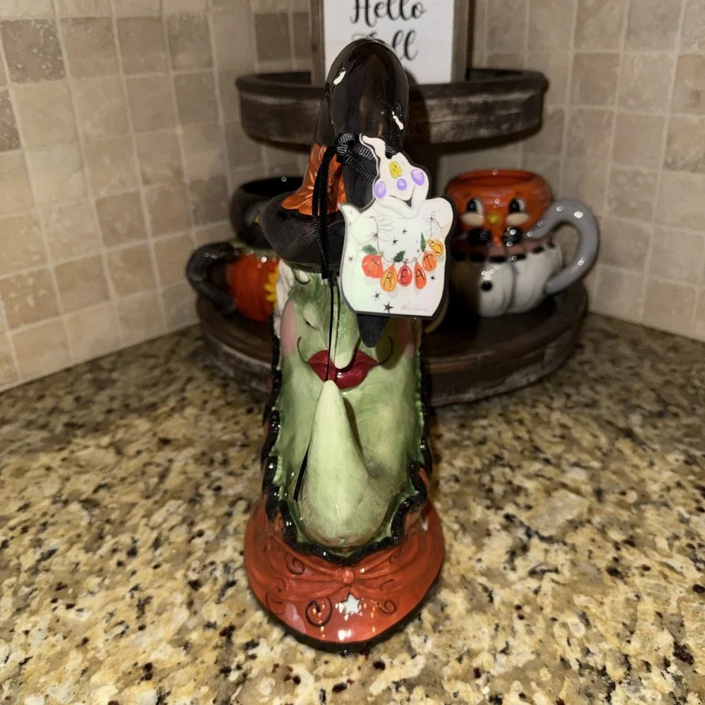 Blue Sky Halloween Crescent Moon Witch Ceramic Tea Light Holder New
